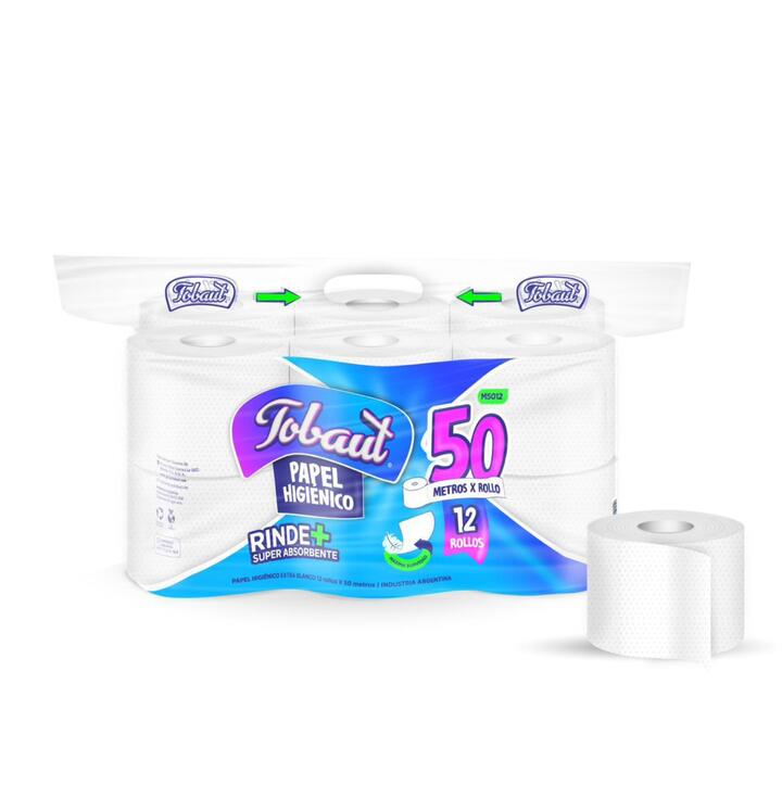 PAPEL HIGIENICO TOBAUT HOJA SIMPLE X 12 ROLLOS - 50 METROS - EXTRA BLANCO 