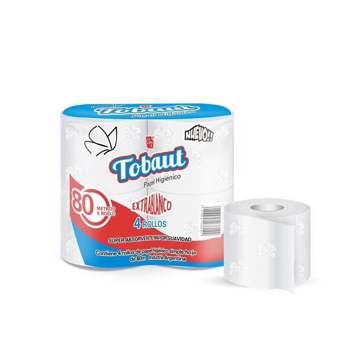 PAPEL HIGIENICO TOBAUT HOJA SIMPLE X 4 ROLLOS - 80 METROS - EXTRA BLANCO